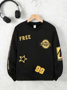 SHEIN Cậu bé Tween Hình sao & khẩu hiệu Áo chui đầu - màu đen - Xem 1