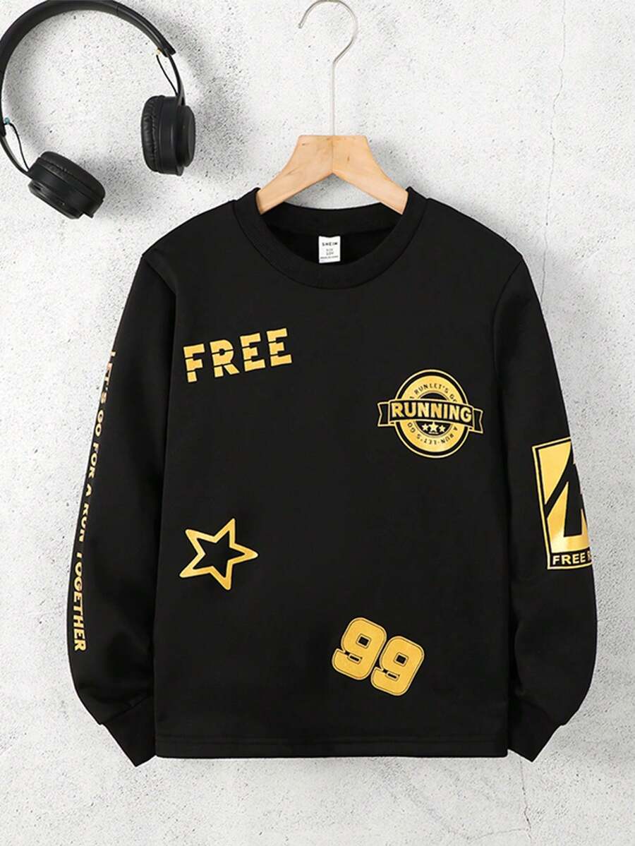 SHEIN Cậu bé Tween Hình sao & khẩu hiệu Áo chui đầu - màu đen - Xem 1