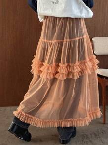 FRIFUL Mesh Flounce Hem Skirt - Orange - View 2