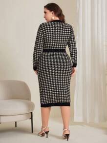 Modelyn Plus Size Women's Houndstooth Sweater Dress - Black and White - View 2