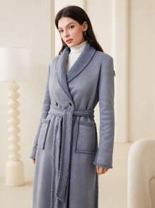 Seusyu Shawl Collar Dual Pocket Belted Coat - Grey - View 4