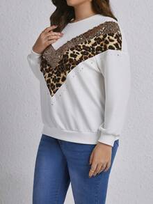 SHEIN LUNE Hơn Bảng điều khiển Leopard Tương phản Sequin Rhinestone Chi tiết Thả vai Áo nỉ - trắng - Xem 3