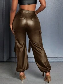 Slaydiva Slayr Street Casual Women's Workwear Pocket Champagne PU Leather Women's Leggings Trousers