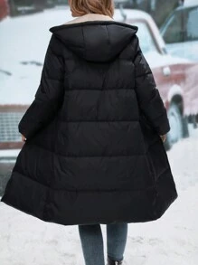 SHEIN LUNE Side Pocket Upward Zipper Hooded Down Jacket - Black - View 2