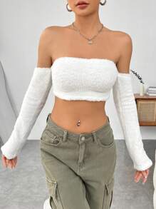 SHEIN EZwear 露肩泰迪短袖上衣 - 白色 - 查看 6