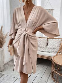 SHEIN Privé Batwing Sleeve Knotted Front Dress - Khaki - View 4