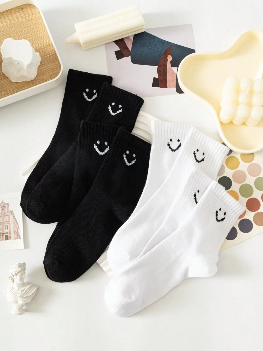 4pairs Black & White Mid-calf Socks For Teenagers, All Seasons