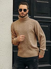 Manfinity Homme 男士高領絞花羅紋針織毛衣 - 棕色 - 查看 1