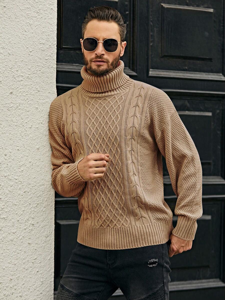 Manfinity Homme 男士高領絞花羅紋針織毛衣 - 棕色 - 查看 1