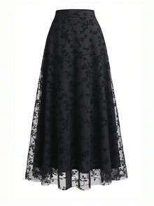 تنورة ذات خصر عالي مطرزة بالزهور، تنورة شبكية شفاف...