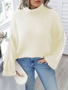 Calvaya Talla Grande Suéter Con Cuello De Tortuga Y Hombro Caído - Beis - Ver 6