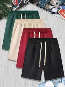 Pantalones Cortos De Color Liso Con Cintura Con Cordón Para Hombre - Multicolor - Ver 1