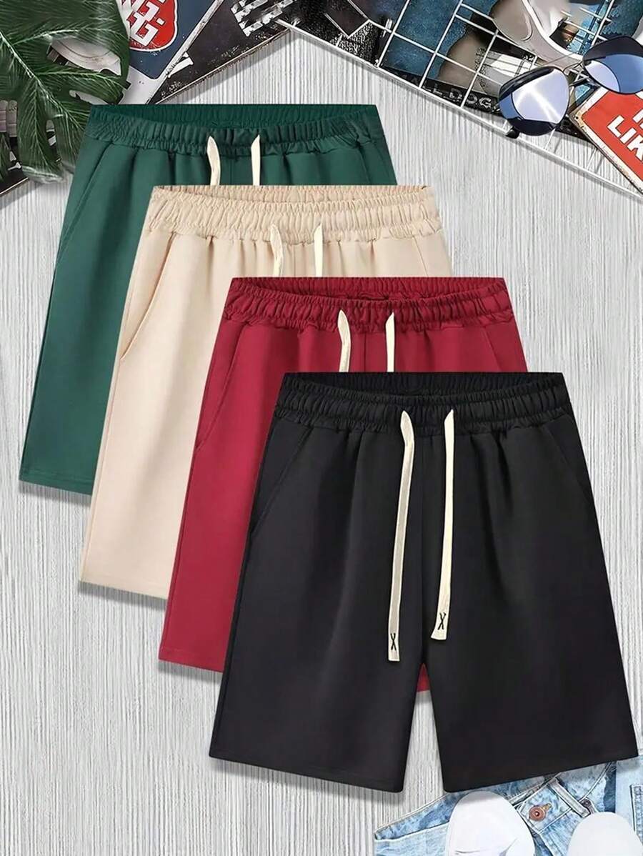 Pantalones Cortos De Color Liso Con Cintura Con Cordón Para Hombre - Multicolor - Ver 1