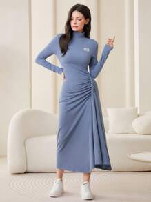 Mulvari 字母拼接細節聚集側裙洋裝 - 藍色 - 查看 5