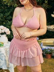 Swim Mod Conjunto de bikini estilo halter triangular smocked para tallas grandes, de verano - Rosa - Ver 4