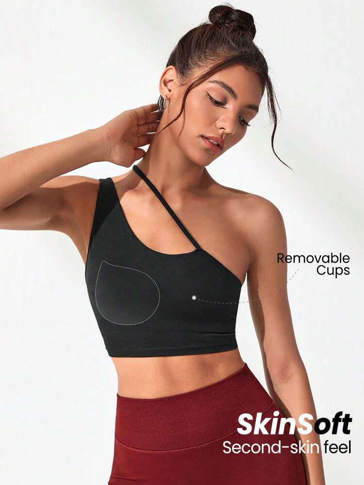 Solid Color One Shoulder Sports Bra