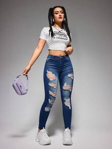 SHEIN EZwear 女性修身破洞牛仔褲 - 中等水洗藍 - 查看 3