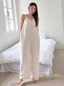 DAZY Chất rắn Túi nghiêng Bộ đồ ngủ Cami - Màu be - Xem 4