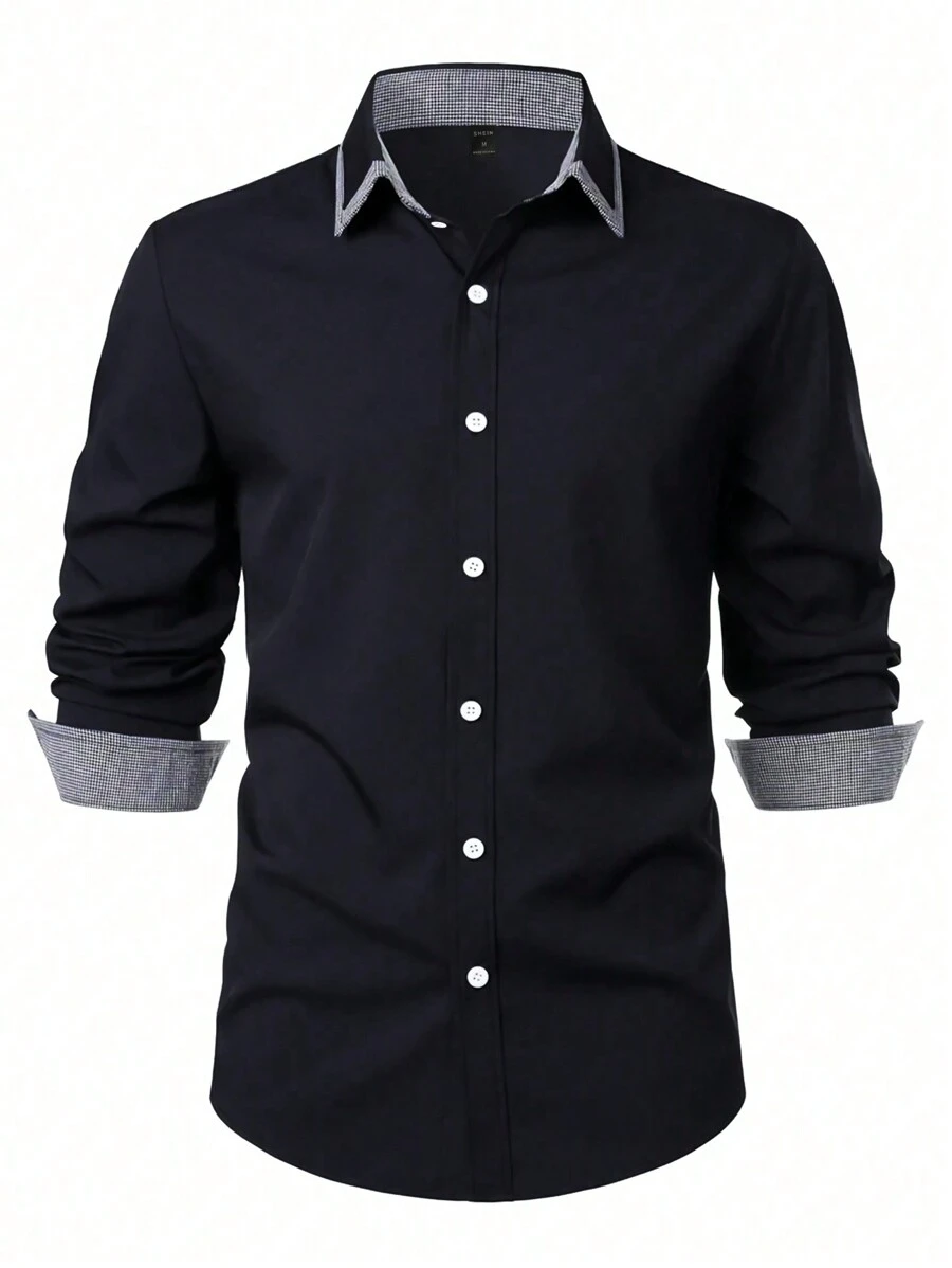 Manfinity Mode Nam Kẻ sọc Cắt tỉa Tay áo dài Áo sơ mi - màu đen - Xem 1