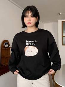 Dazy Petite Plus Plus Size Loosed Bread & Letter Print Sweatshirt,Fall Clothes - Black - View 3