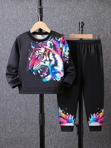 SHEIN 2 Miếng Bé trai Giải trí Thú vật In Tay áo dài Áo nỉ Và Quần Bộ Đối với Mùa Thu - màu đen - Xem 1