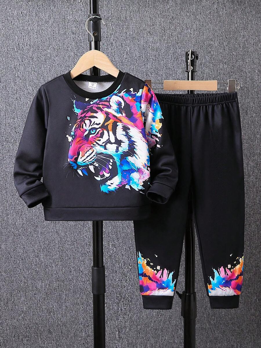 SHEIN 2 Miếng Bé trai Giải trí Thú vật In Tay áo dài Áo nỉ Và Quần Bộ Đối với Mùa Thu - màu đen - Xem 1