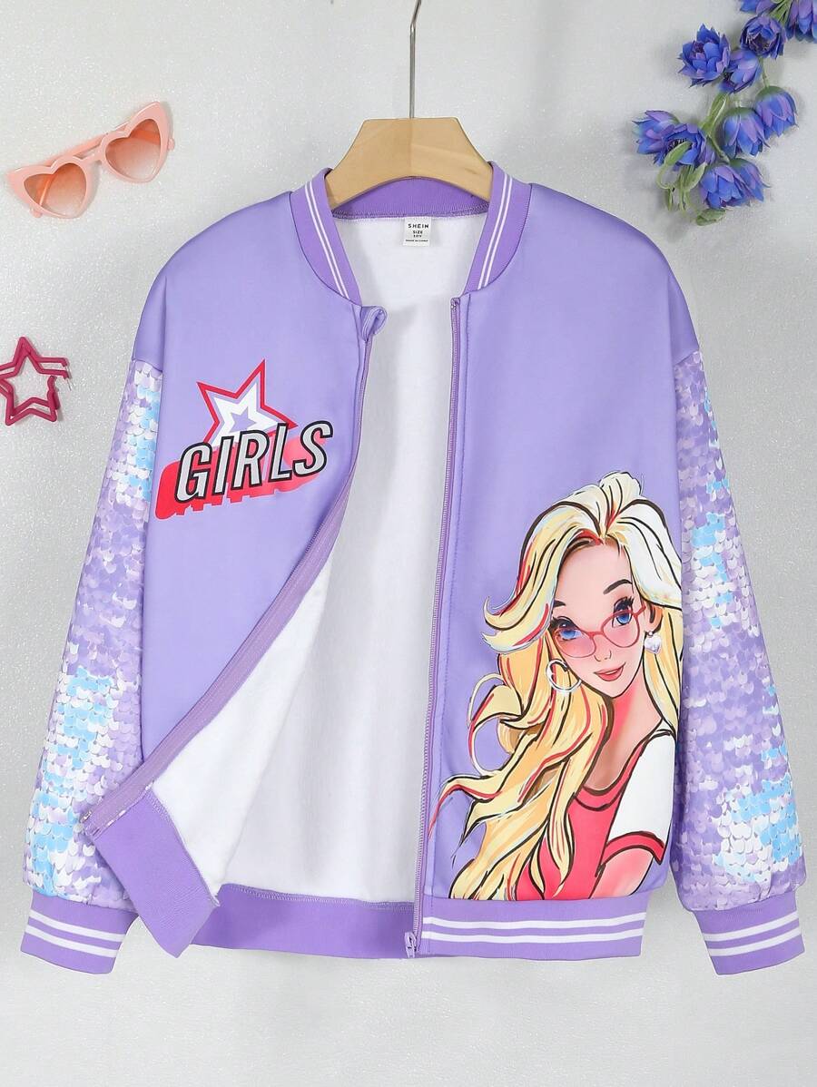 SHEIN 1 Miếng Bé gái tuổi teen Hoạt hình In Khóa kéo-Mặt trước Áo khoác bóng chày Đối với Mùa thu Và Mùa Đông - Màu Lilac Tím - Xem 1
