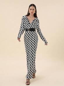 SHEIN Privé Women's Geometric Pattern Sweater Dress - Black and White - View 3