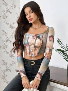 SHEIN Privé 女天使印花與魚骨細節緊身 T 卹 - 彩色 - 查看 6