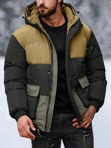 Manfinity Homme 超大号男式双色夹棉大衣，配有翻盖口袋和连帽 - 咖啡棕 - 查看 1