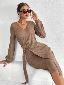 SHEIN Essnce Solid Rib-knit Wrap Side Dress - Camel - View 6