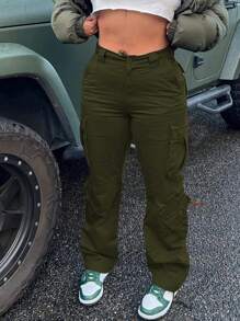 Women Solid Color Daily Wear Multi-Pocket Cargo Pants - Army Green - View 3