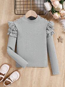 SHEIN Cô gái Tween Viền Ruffle Chi tiết Nút Áo thun - Màu Xám nhạt - Xem 1