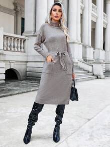 Aveloria Women's Turtleneck Belted Sweater Dress - Khaki - View 1