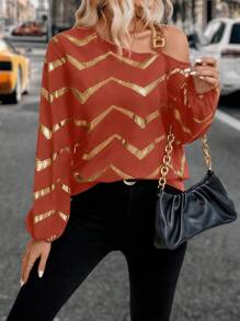 SHEIN Clasi 女士链条细节不对称肩部灯笼袖衬衫 - 紅木色 - 查看 5