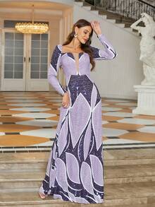 Missord Women's Elegant Colorblock Sequin Square Neck Formal Evening Gown - Purple - View 8