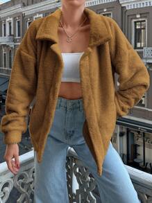 EURMUSE Ladies' Turn-down Collar Plush Jacket - Camel - View 5