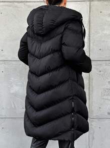 EURMUSE Solid Color Drawstring Hooded Zipper Decor Casual Padded Jacket - Black - View 2
