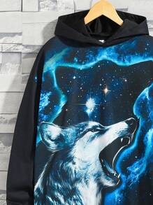 SHEIN 青少年男孩狼印花落肩卫衣 - 黑色 - 查看 5