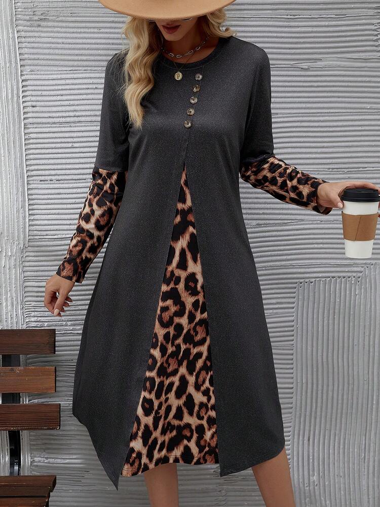 Leopard Print Spliced Drop Shoulder Dress Fall Cloth For Women