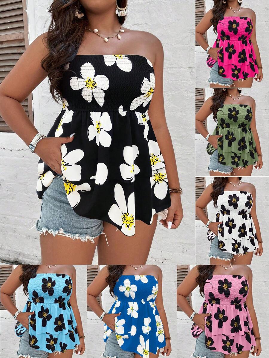 SHEIN LUNE áo nữ kích thước lớn Dải chun Hoa Tất cả trên in Boho - Đen và trắng - Xem 1