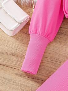 SHEIN Tween 女童粉色字母印花连帽衫和针织吊带裙 2 件套服装 - 玫紅色 - 查看 6