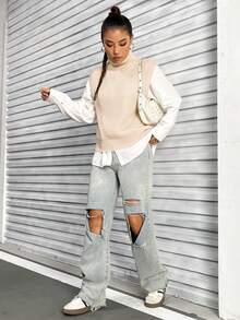 SHEIN Unity 高領素色毛衣背心 - 杏色 - 查看 5