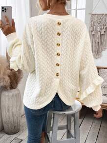 SHEIN Essnce Women's Round Neck Drop Shoulder Sweatshirt With Back Button Design - Apricot - View 2