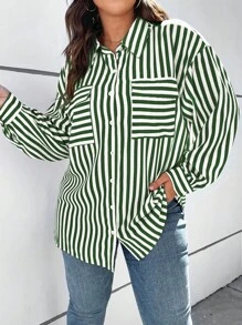Flirla 大尺寸條紋印花落肩襯衫 - 綠色 - 查看 4