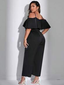 Celure Plus Size Solid Color Ruffled Hem Jumpsuit With Drawstring Waist - Black - View 2