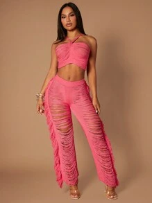 SHEIN SXY Rách Dây Knit ngọn & Viền rìa Đan Quần - Nhiều màu - Xem 3