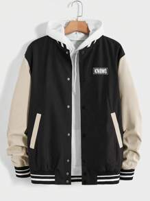 Manfinity VCAY Oversized Men's Letter Patched Striped Trim Colorblocked Varsity Jacket Without Hoodie, For Fall Winter - Multicolor - View 1