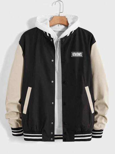 Manfinity VCAY Oversized Men's Letter Patched Striped Trim Colorblocked Varsity Jacket Without Hoodie, For Fall Winter