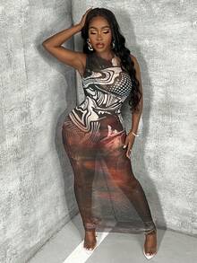 Slaydiva Graphic Print Mesh Bodycon Dress Without Lingerie Set - Multicolor - View 3